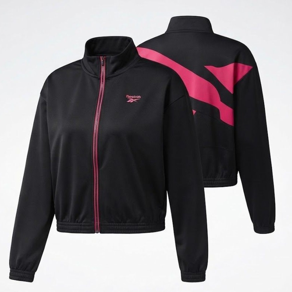 Reebok Track Jacket Womens Small Black Pink Full Zip Athletic Activewear